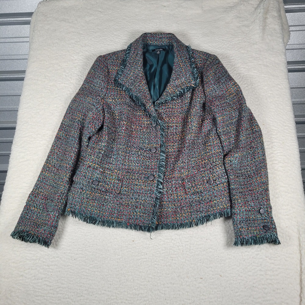 Rafaella Tweed Blazer Women Size 14 Teal Multicolor Fringe Trim Notched Lapel